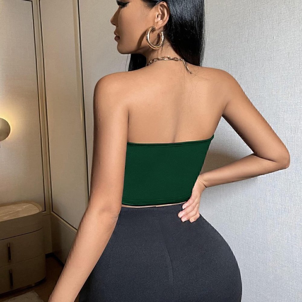 Green Casual Womens Satin Crop Bandeau Top - Picture 2 of 5